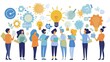 © AI Farm - Group of diverse people sharing innovative ideas with light bulbs and gears, symbolizing creativity and teamwork in a vibrant setting.