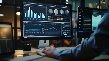 Fototapete - An analyst uses a computer and dashboard for data business analysis and Data Management System with KPI and metrics connected to the database for technology finance operations sales ma : Generative AI