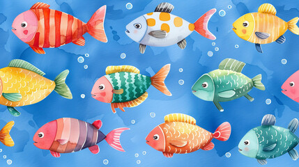 Wall Mural - colorful fish in underwater scene. vibrant marine life with various patterns and colors swimming gra