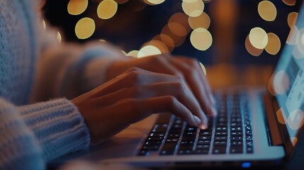Fototapete - Person hands and typing on laptop in office for email spreadsheet and proposal or application for work Woman online and technology with bokeh for task or drafting writing notes and rep : Generative AI