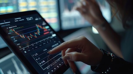 Poster - Businesswoman pointing at stock market data on digital tablet : Generative AI