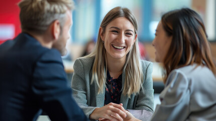 Three professionals engage in a lively business meeting, smiling and conversing in a modern office environment, emphasizing teamwork and collaboration.