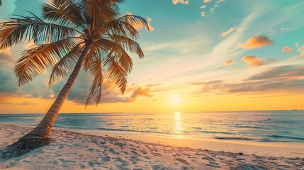 Summer island palm tree sea sand beach Panoramic beach landscape Inspire tropical nature seascape horizon Orange golden sunset sky clouds Tranquil shore relax beachfront resort Vacatio : Generative AI