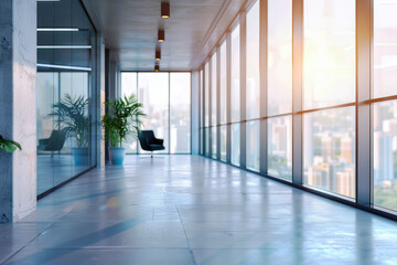 Poster - A bright and spacious modern office hallway with large glass windows, potted plants, and a city skyline view, illuminated by natural light.