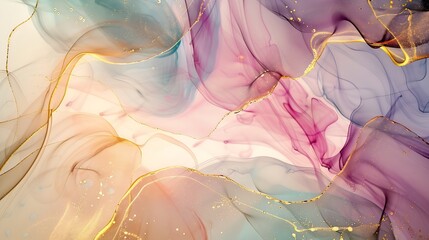 Poster - Natural  luxury abstract fluid art painting in alcohol ink technique Tender and dreamy  wallpaper Mixture of colors creating transparent waves and golden swirls For posters other print : Generative AI