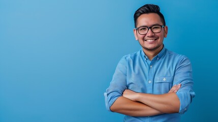 Poster - Young hispanic man wearing blue shirt and glasses looking at camera with positive confident smile holding arms crossed isolated on blue background : Generative AI