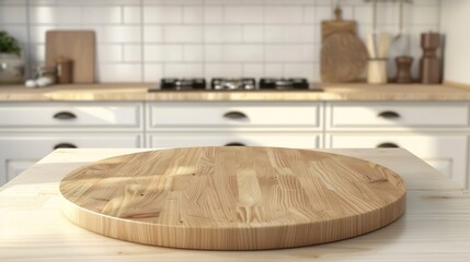 Wall Mural - Empty beautiful round wood tabletop counter on interior in clean and bright kitchen  background Ready for display Banner for product montage : Generative AI