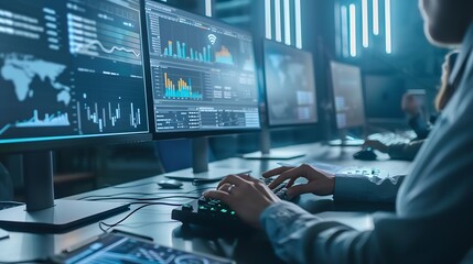 Fototapete - Business people use computers to analyze business and manage corporate data business analytics with charts metrics and KPIs to improve organizational performance financial organization : Generative AI