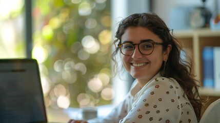 Aufkleber - Portrait office and woman with laptop glasses and confidence for consulting research and business Planning networking and girl with computer financial administration and happy smile at : Generative AI