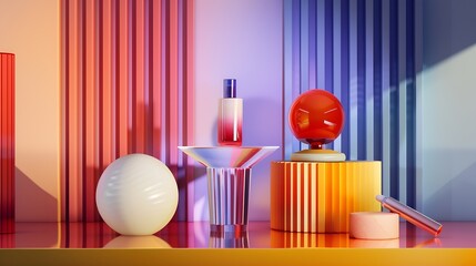 Aufkleber - Geometric product presentation pedestal A game of shapes and bright colors created by acrylic glass Ribbed patterns provide a creative scene for beauty products decorations makeup and  : Generative AI