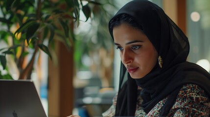 Leinwandbilder - Young middle east woman business worker using laptop working at office : Generative AI