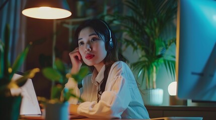 Poster - Young Woman Participating in a Virtual Business Meeting While Working at Home Office Telecommunication Concept : Generative AI