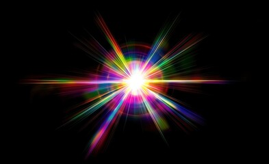 Wall Mural - Vibrant rainbow lens flare with dynamic streaks of light on a black background.