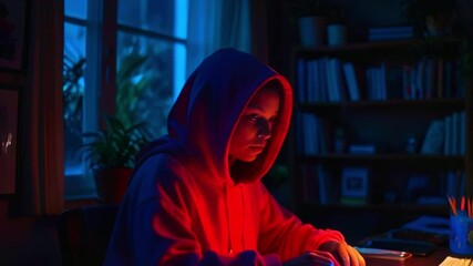 Young woman in red hoodie working late at night.