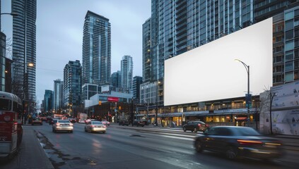 Busy Urban Street with Blank Billboard in Modern City during Evening Rush Hour