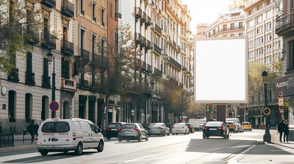 Poster - Blank advertising billboard mockup on a sunny street in madridsurrounded by historic architecture and urban traffic : Generative AI