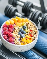 Wall Mural - Homemade Acai bowl made with oatmeal, granola, berries and cereal for good health and vegan