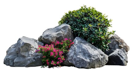 Aufkleber - Stone garden decoration and shrubs isolated on white background with clipping path Rock landscaping among the flowering bush : Generative AI