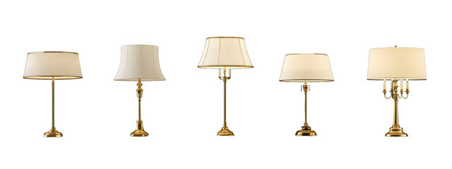 Set of lamps with white shades, different styles and shapes, golden metal bases, transparent background