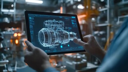 In a factory setting an engineer uses a tablet computer to design an engine with an augmented reality app Industry 40 concept involving research development visualization and