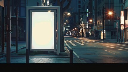 Poster - Blank White Bus Stop Vertical Billboard Mockup In Front Of An Empty Street Outdoor Advertising Lightbox On The Sidewalk : Generative AI