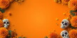 © Vasiliy - Sugar skull with marigold and flowers on a bright orange background. Traditional Mexican carnival, Santa Muerte concept for banner or greeting card with copy space
