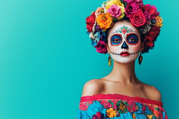 A woman dressed in traditional Day of the Dead attire with floral face paint and a vibrant flower crown