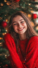 A cheerful woman in a red sweater posing happily in front of a decorated Christmas tree