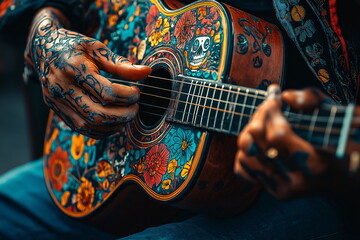 a musician with tattooed hands plays a guitar decorated with floral patterns. fusion of music and ar