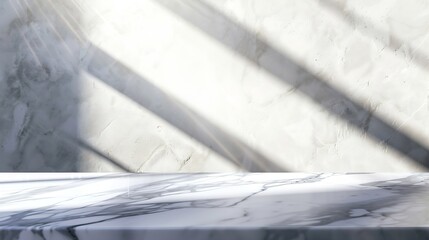 Poster - Marble Table with White Stucco Wall Texture Background with Light Beam and Shadow Suitable for Product Presentation Backdrop Display and Mock up : Generative AI