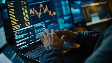 Poster - Hand of trader checking stock market data on screen : Generative AI