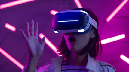 Poster - Woman in metaverse with virtual reality glasses for futuristic gaming cyber and 3d world Excited gamer person with hand for wow ar digital experience and creative cyberpunk purple back : Generative AI
