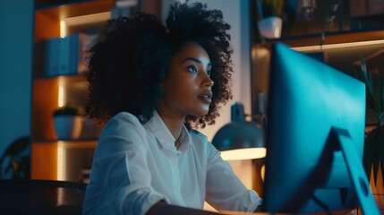 Poster - Young Woman Participating in a Virtual Business Meeting While Working at Home Office Telecommunication Concept : Generative AI