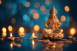 © Vasiliy - Illuminated golden Lakshmi statue with glowing candles, Hindu goddess of wealth and prosperity for Diwali celebration