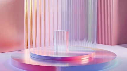Aufkleber - Bright colourful abstract background made by transparent and ribbed acrylic glass Empty showcase for makeup and cosmetics product commercial Podium for new package demonstration and ad : Generative AI