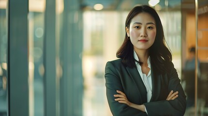 Wall Mural - Confident Asian Businesswoman Standing in Office Looking at Camera with Professional Demeanor Modern Asian Business Professional : Generative AI