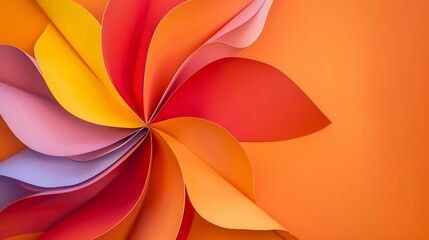 Poster - macro image of colorful curved sheets of paper shaped like a flower on orange background : Generative AI