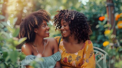 Two women share a joyful moment outdoors, surrounded by vibrant flowers and greenery