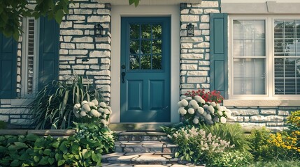 Aufkleber - A detail of a front door on home with stone and white bricking siding beautiful landscaping and a colorful blue  green front door : Generative AI