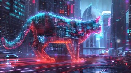 Poster - A futuristic cat with augmented reality displays integrated into its design, set against a background of a cutting-edge digital city
