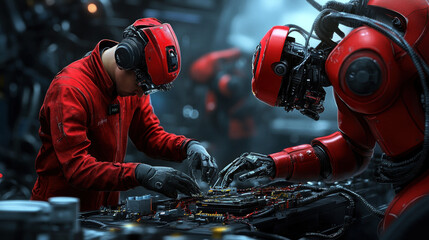 Poster - Two robots are working on a machine in a factory. The robots are red and have a metallic appearance. The scene is set in a futuristic environment, with the robots appearing to be in a lab or workshop