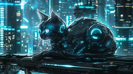 Poster - A sleek robotic cat with glowing blue eyes and metallic fur sitting gracefully on a high-tech futuristic cityscape backdrop