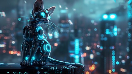 Poster - A sleek robotic cat with glowing blue eyes and metallic fur sitting gracefully on a high-tech futuristic cityscape backdrop