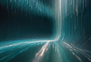 Sticker - A dark room with a wall covered in vertical lines of light in a teal color. The lines create a sense of movement and depth. The floor is reflective.