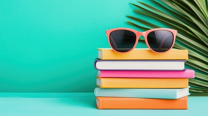 A cheerful stack of books in vivid colors, topped with trendy sunglasses, placed against a cool teal background. Great for promoting summer reading programs or leisure activities.