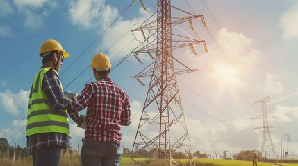 Business people builders energy construction Two energy engineers work on tablet computer outdoors Engineers in helmets on field with electrical towers working together Electricity vol : Generative AI