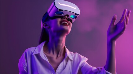 Poster - Woman in metaverse with virtual reality glasses for futuristic gaming cyber and 3d world Excited gamer person with hand for wow ar digital experience and creative cyberpunk purple back : Generative AI