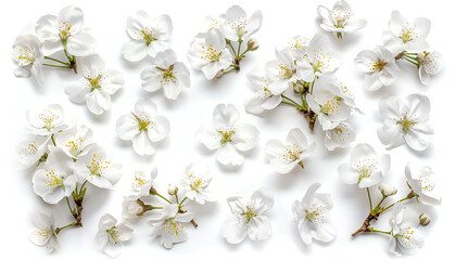 Wall Mural - cherry flowers isolated on white background. Top view. Flat lay