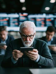 Poster - A group of investors closely following breaking economic news on their smartphones and tablets, expressions of concern on their faces