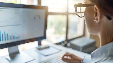 Fototapete - Computer reading and business woman in office for budget planning research or email report Pc financial consultant and internet for information networking or working on investment with : Generative AI